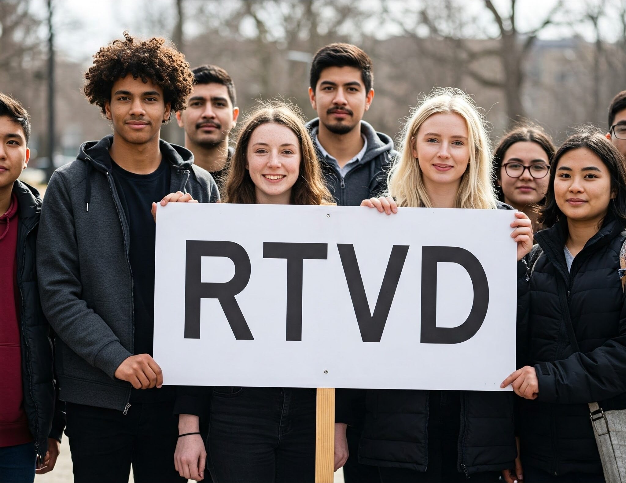 Människor som håller en skylt med texten RTVD